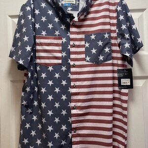 Magellan Fish Gear Americana Shirt Mens M UPF 30 Moisture Wicking NWT Flag